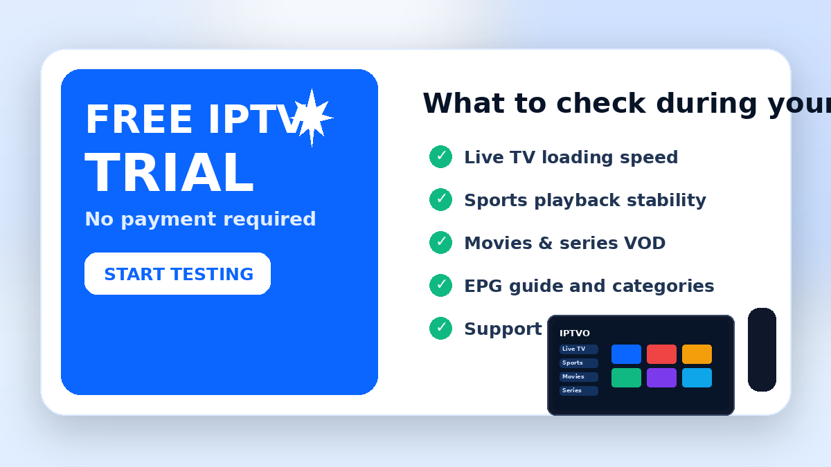 IPTV Canada free trial checklist for testing live TV sports VOD EPG and support