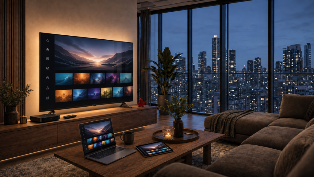 IPTV streaming on Smart TV, laptop and tablet in a Canadian living room