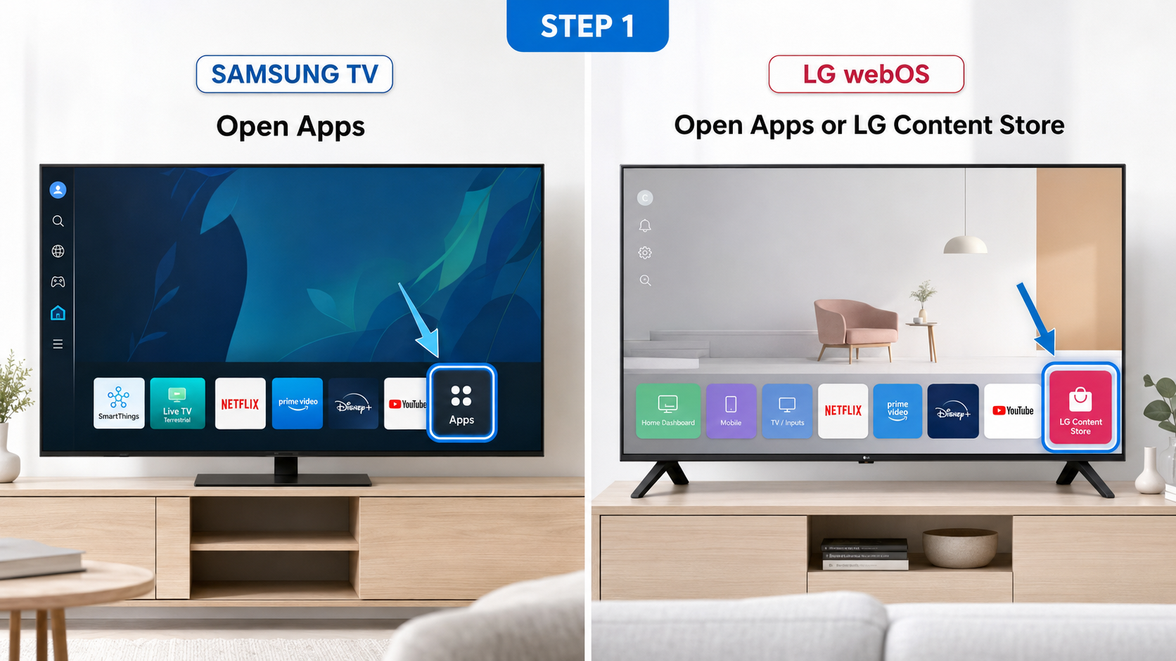 Open Apps on Samsung TV or Apps and LG Content Store on LG webOS