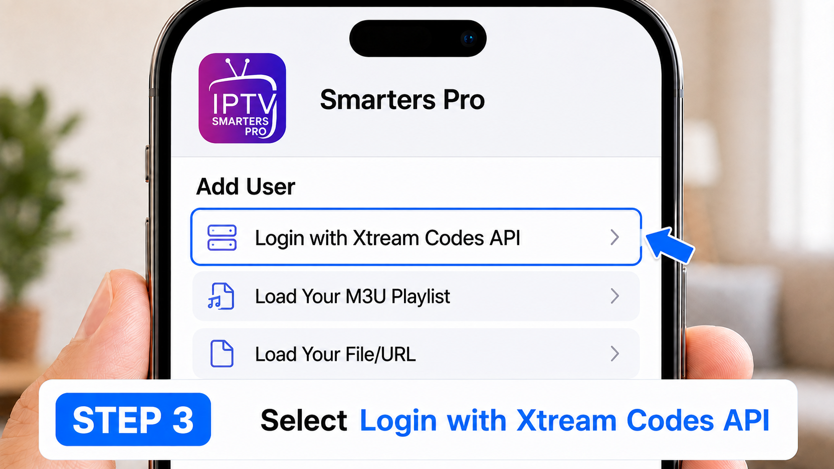 Apple Step 3: Select Login with Xtream Codes API in Smarters Pro