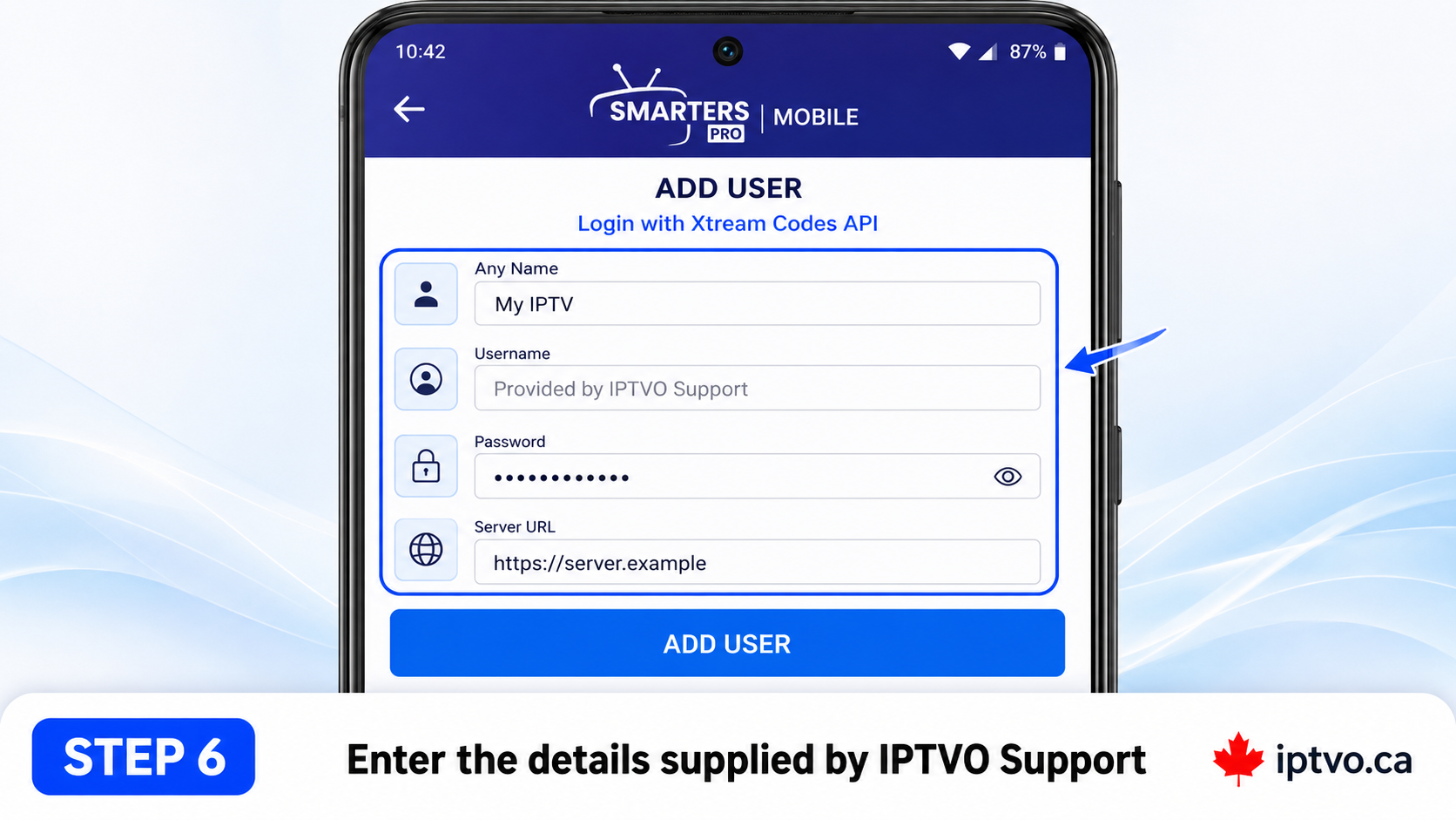 Android Phone Step 6: Enter the IPTV account name username password and server URL