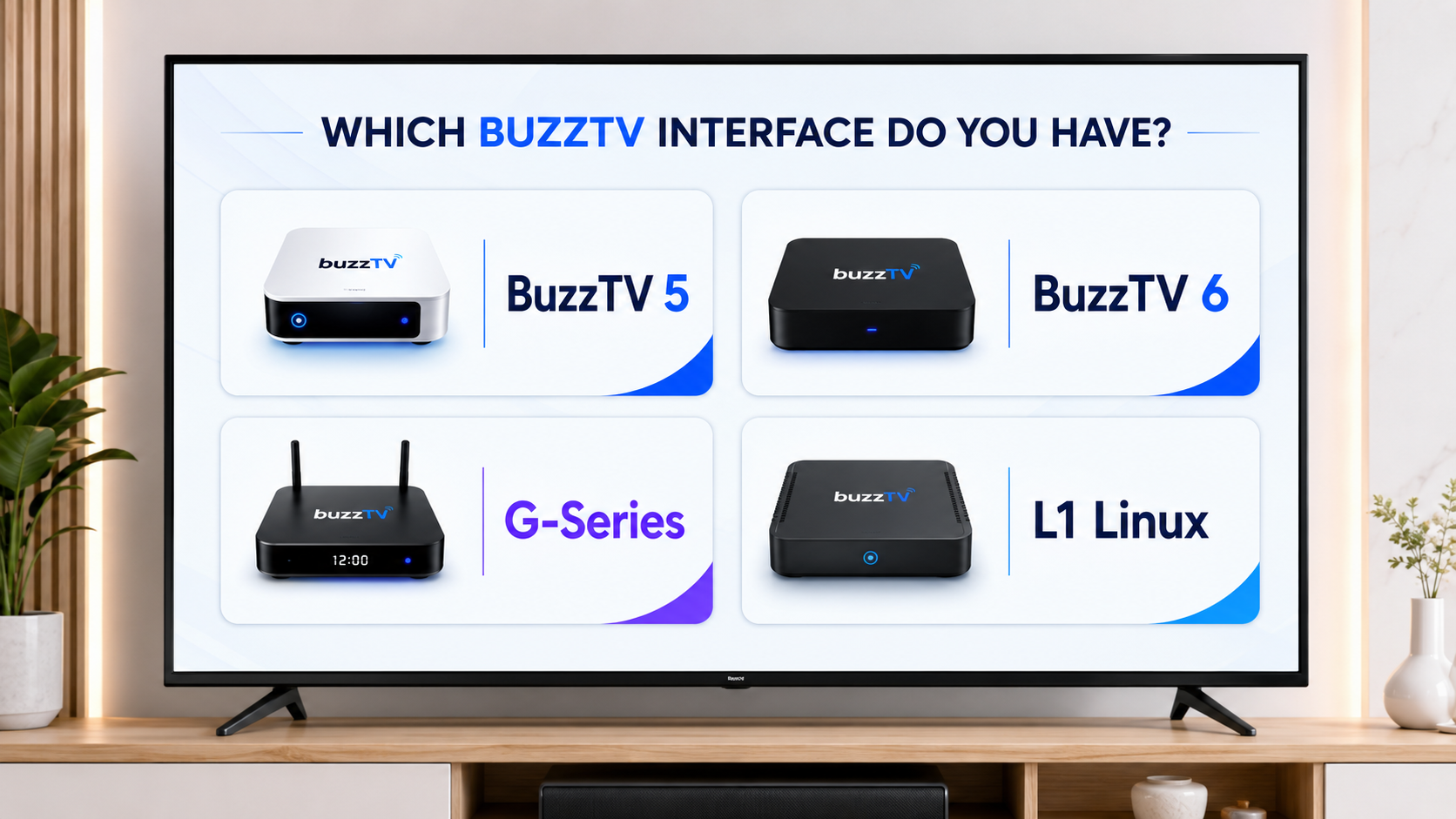 BuzzTV interface families including BuzzTV 5, BuzzTV 6, G-Series and L1 Linux