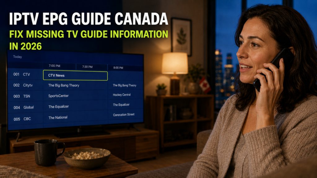 Woman receiving phone guidance to fix IPTV EPG Canada TV guide information